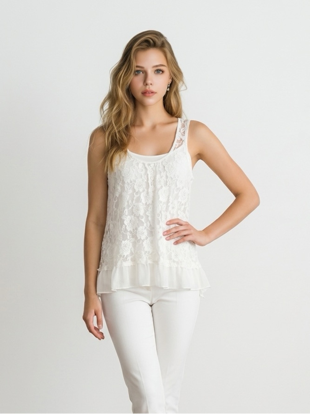 ⚡️Lapis White Lace Sheer Camisole Tank | Small | Floral pattern | BOHO - Picture 2 of 15